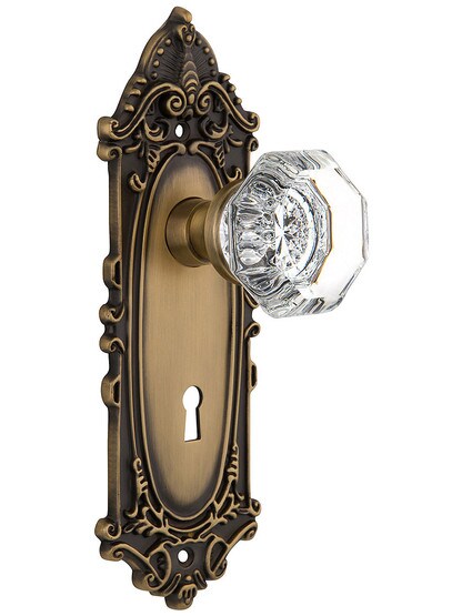 Largo Design Mortise Lock Set With Waldorf Crystal Knobs in Antique Brass.